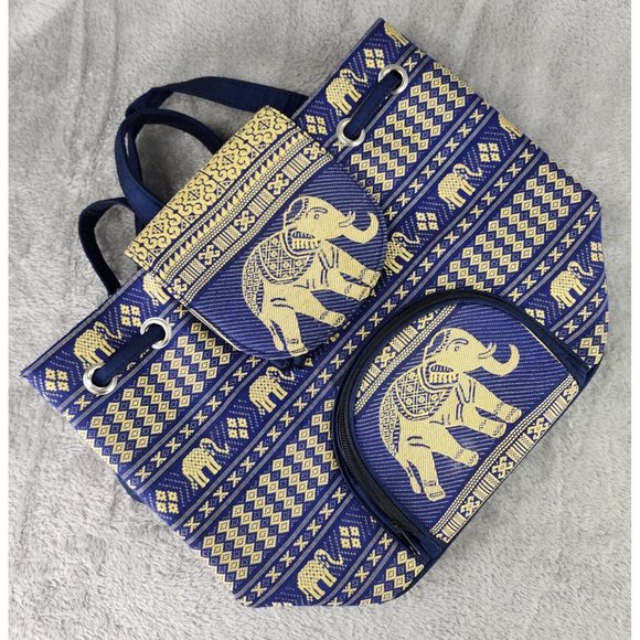 Thai Backpack Womens Blue Gold Indie Elephant Pattern Lightweight Drawstring